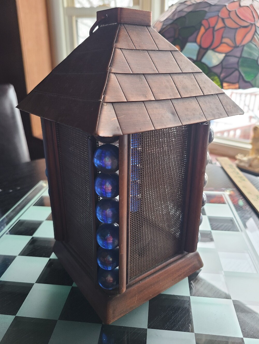 Blue and Bronze Decorative Lantern with Glass Bead Accents